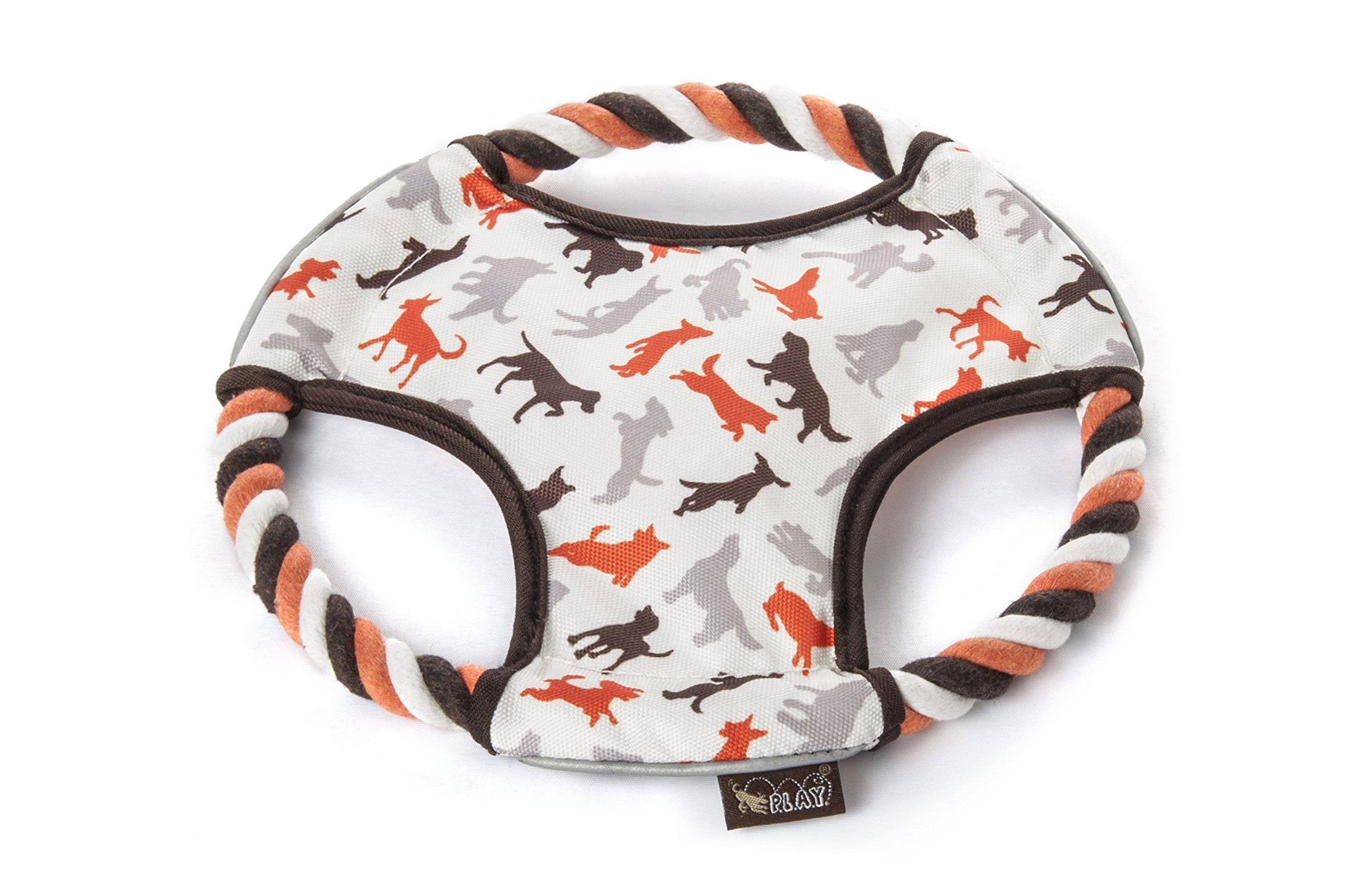 P.L.A.Y. Cute Outdoor Dog Toys - Flying Disc Ultra Durable Frisbee Rope Squeaker Toy Great for Puppies & Small Medium Large Dogs - Floats in Water 3M Reflective Strips Beach Friendly (Vanilla)